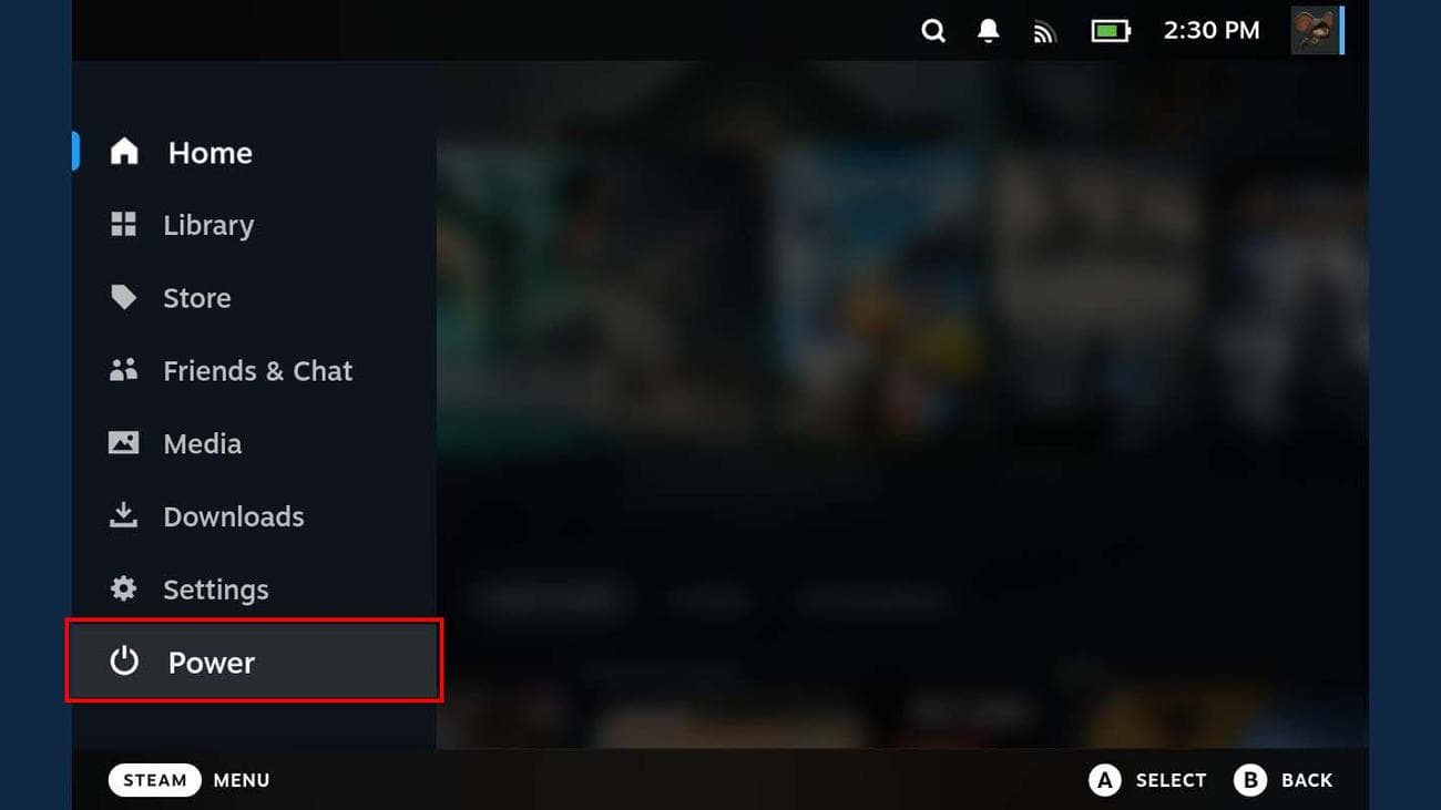 Μενού Steam Deck Power.