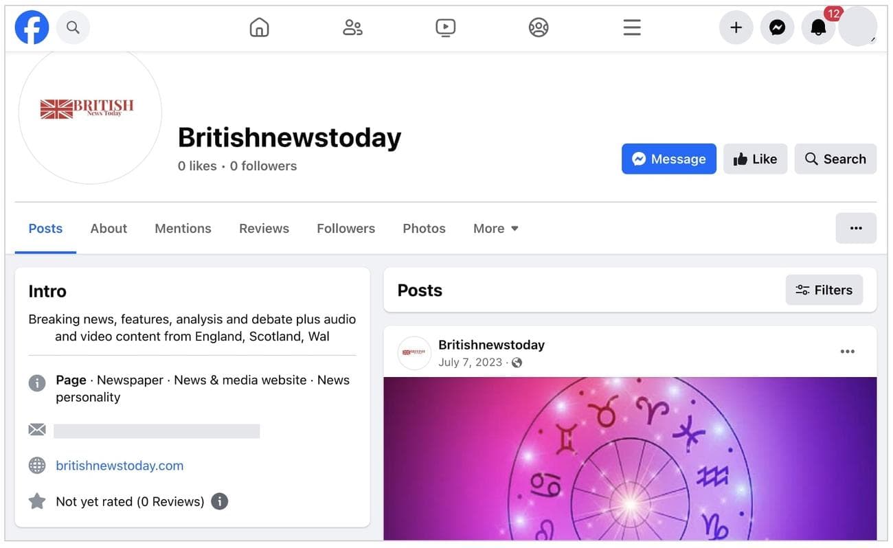 Σελίδα στο Facebook για έναν ιστότοπο British News Today