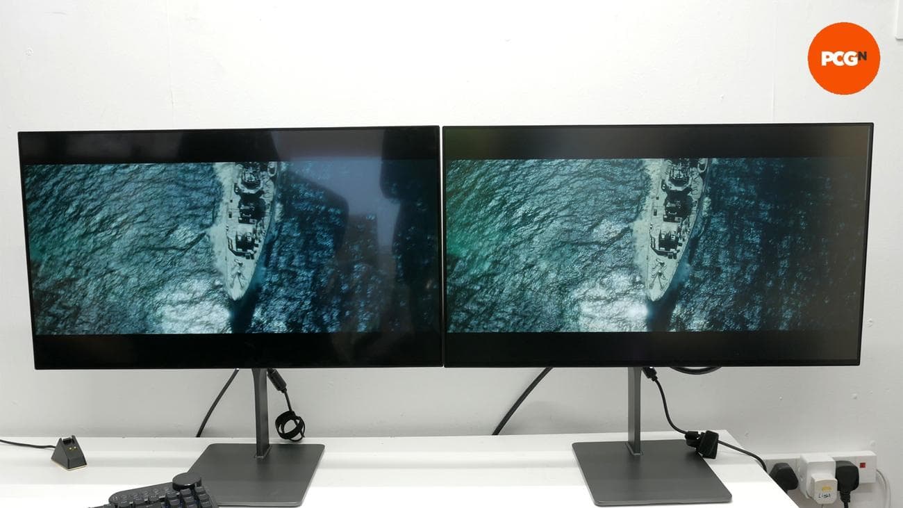 Dough Spectrum One review image showing the glossy and matte monitors side by side. To the top right, you can see the PCGN logo.