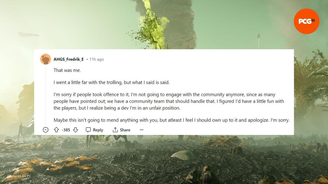 Ένα σχόλιο στο Reddit από έναν προγραμματιστή του Helldivers 2 που ζητά συγγνώμη για τα εμπρηστικά σχόλια