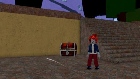 Οδηγός αρχαρίων Blox Fruits: Μια φιγούρα με κόκκινα μαλλιά στέκεται μπροστά από έναν κίτρινο τοίχο και μερικές σκάλες με ένα σεντούκι θησαυρού κοντά