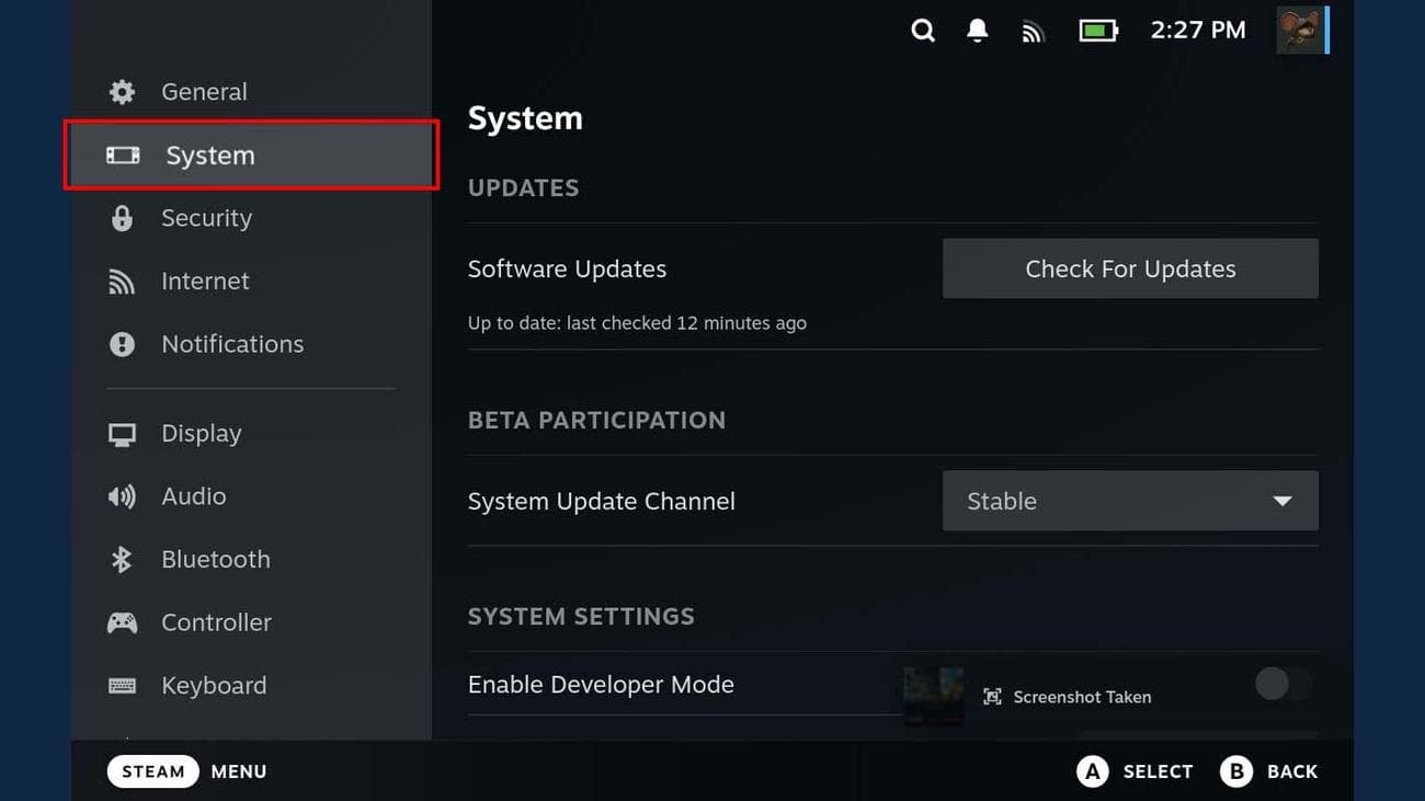 Καρτέλα Steam Deck System.
