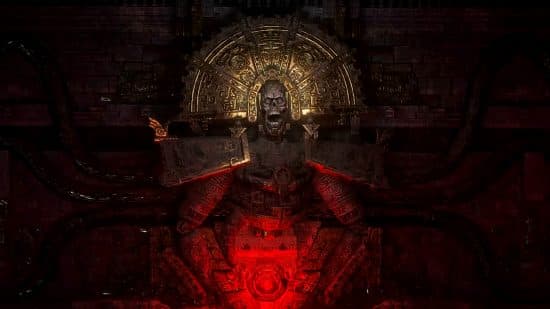 Ημερομηνία κυκλοφορίας του Path of Exile 2 - ένα ζωντανό άγαλμα σε έναν τοίχο με μια μεγάλη χρυσή κορυφή στην κορυφή του κεφαλιού του κρατά έναν λαμπερό κόκκινο κρύσταλλο.