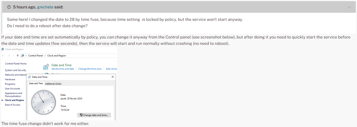 Η προτεινόμενη επιδιόρθωση αλλαγής ημερομηνίας
