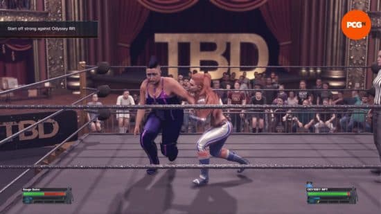 Ανασκόπηση WWE 2K24: ένας προσαρμοσμένος παλαιστής είναι Ιρλανδός Μαστιγώνει τον άλλο προσαρμοσμένο παλαιστή στα σχοινιά ενός ρινγκ TBD.