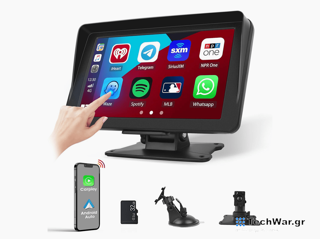 A person tapping at a car display.