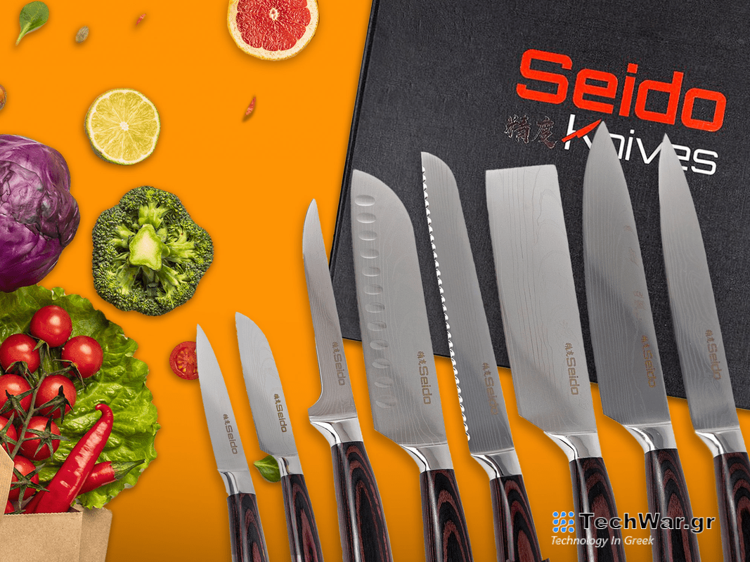 Seido Japanese kitchen knives on an orange background.