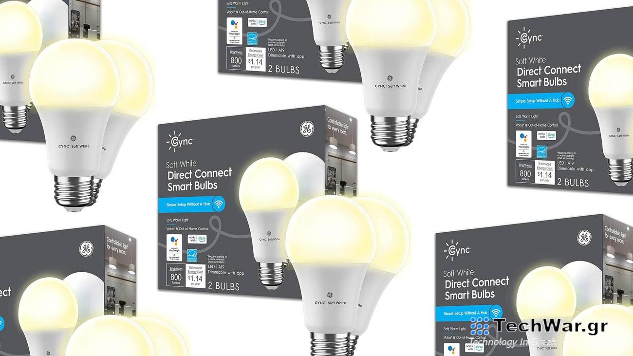 GE CYNC light bulbs arranged on a plain background