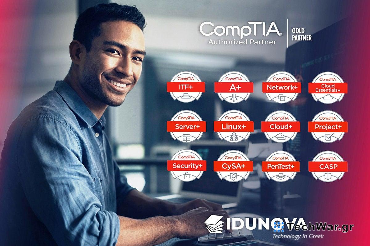 A person posing in front of IT training certificate logos