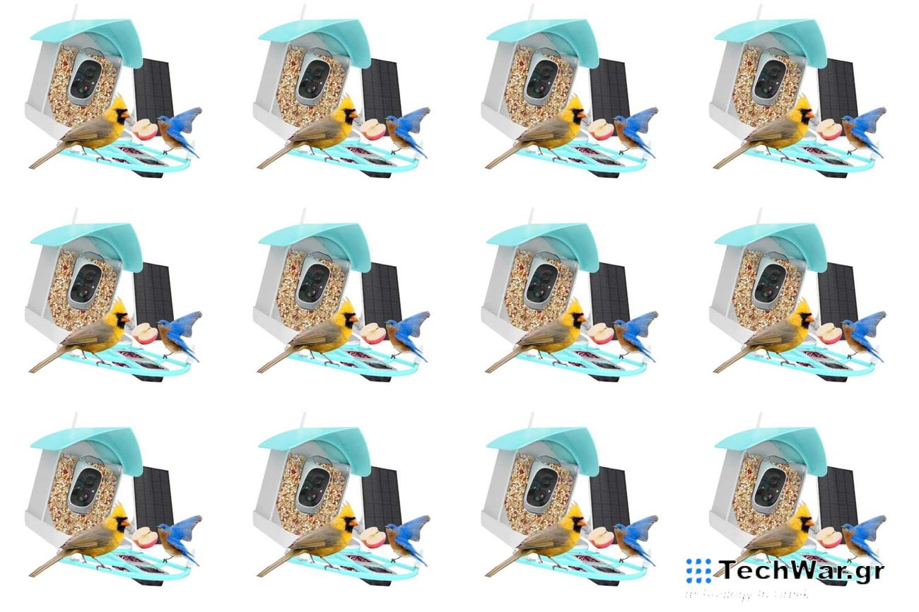 A smart bird feeder on a plain background arranged in a pattern.