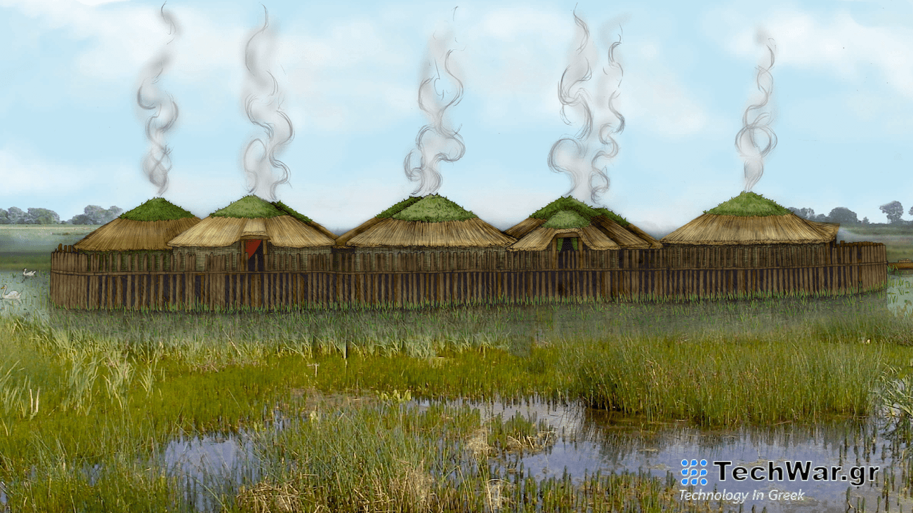 An illustration of the Bronze Age stilt settlement uncovered at Must Farm in eastern England. Five circular dwellings stand above a boggy wetland.