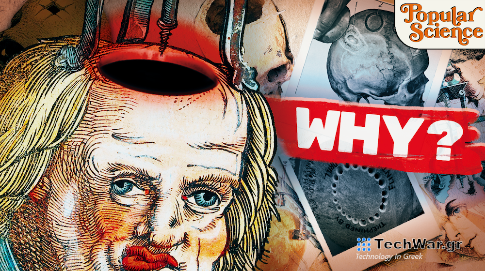 a collage featuring a head being drilled into