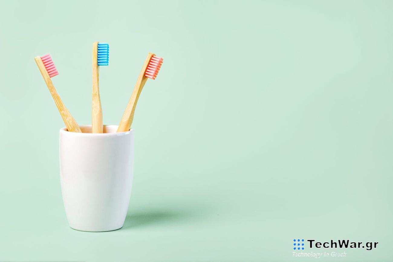 three colored bamboo toothbrushes in a ceramic glass on green background