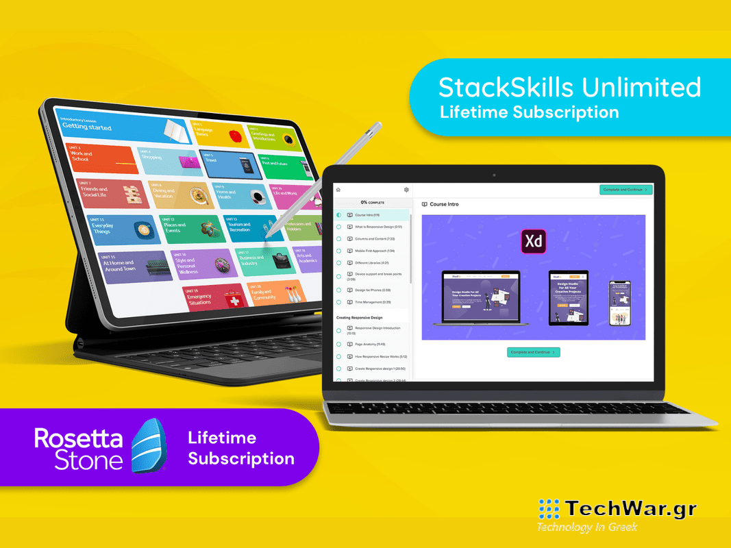 StackSkills and Rosetta Stone on a laptop and tablet.
