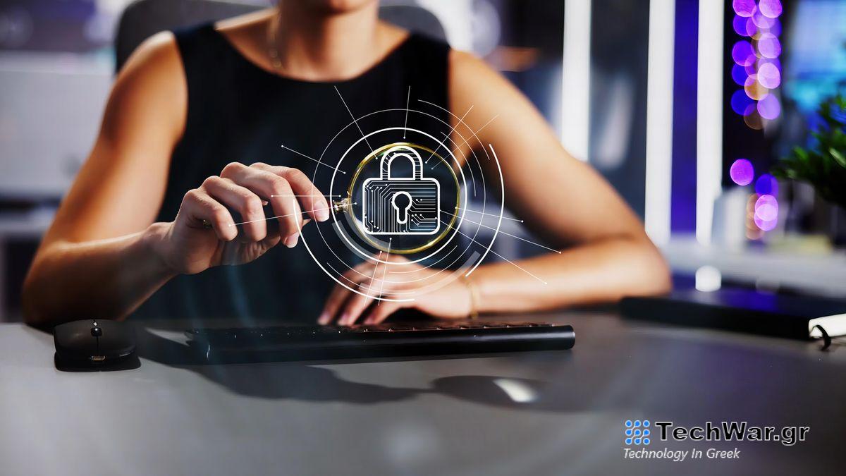 Woman at a desk touching an ethereal VPN-like projection