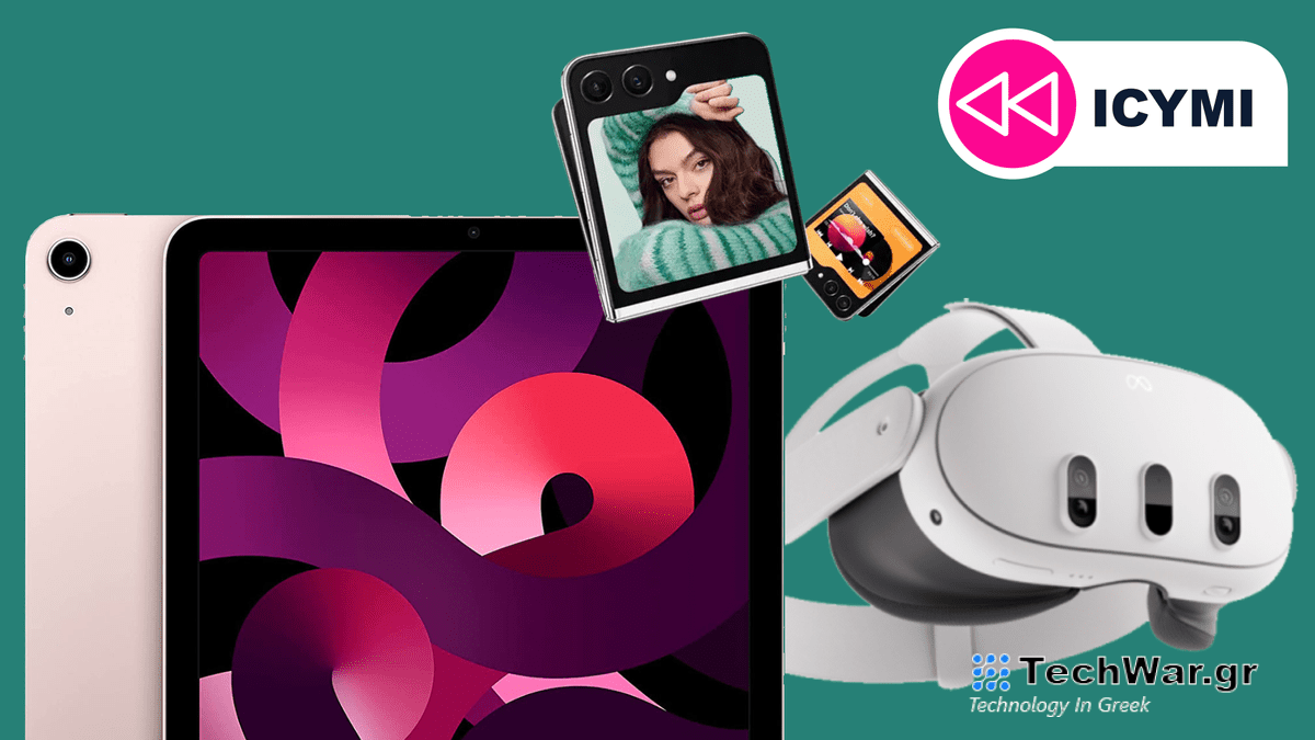 An iPad Air, Galaxy Z Flip 5 and Meta Quest 3 next to a sign saying 