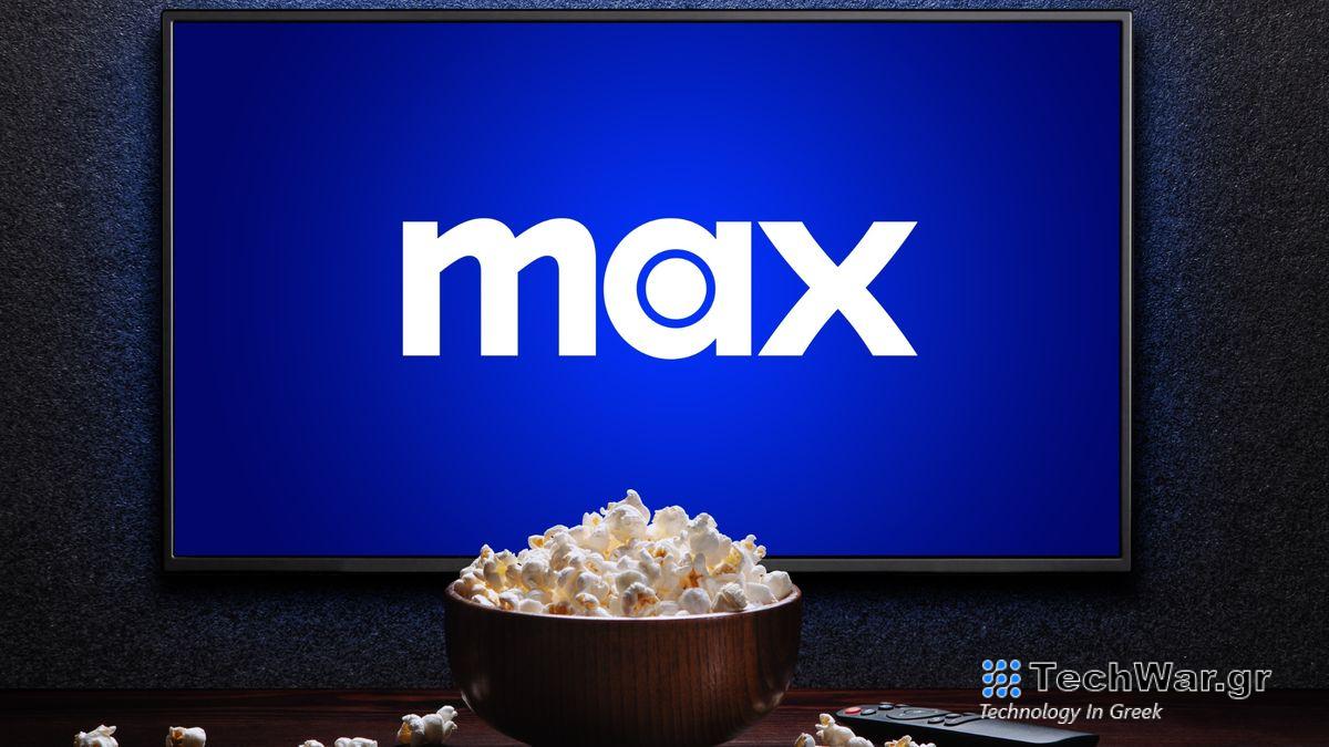 Max logo on TV with popcorn and remote control on table