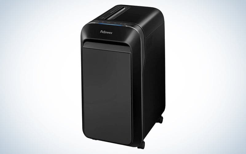 Black Fellowes âPowershred LX22M 20-Sheet 100-Percent Jam-Proof Micro Cut Paper Shredder on a white background