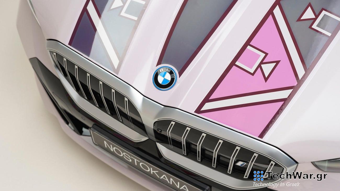 the hood of a BMW painted with pink, grey, and purple colors