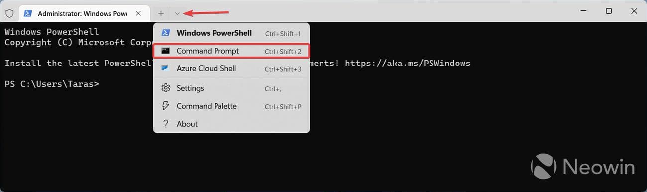Η εφαρμογή Windows Terminal δείχνει τον τρόπο εναλλαγής από το προφίλ PowerShell στο Command Prompt