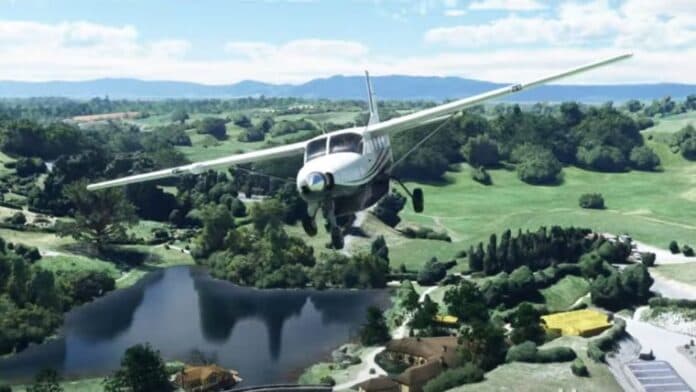 Screenshot of Microsoft Flight Simulator over Hobbiton in New Zealand