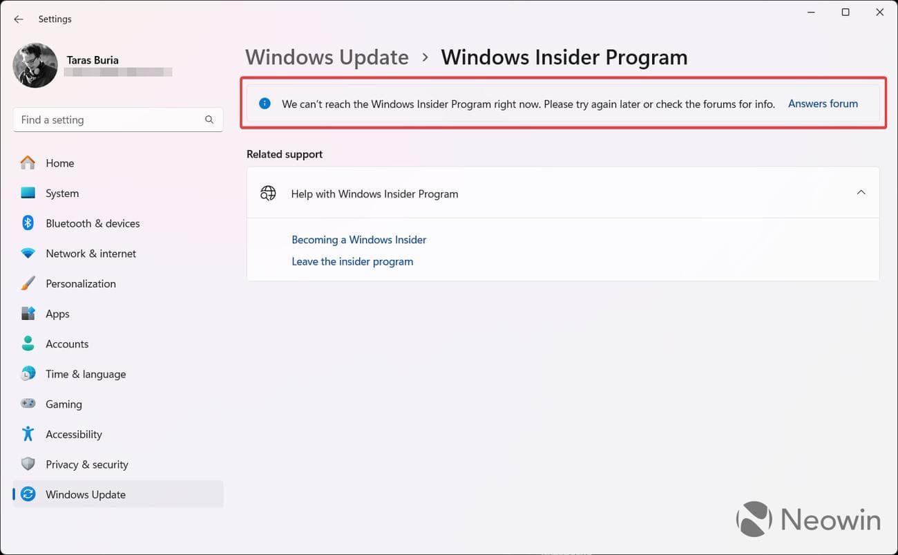 Εφαρμογή Ρυθμίσεις Windows 11s με σφάλμα προγράμματος Windows Insider