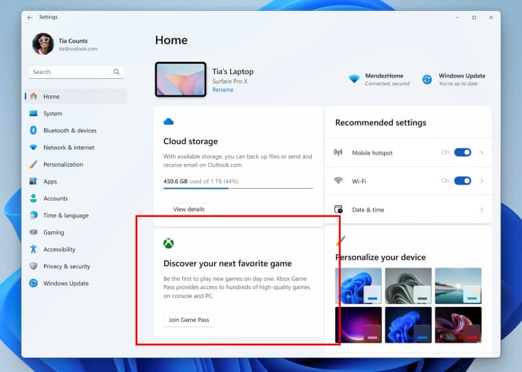 κάρτα παιχνιδιού για τα Windows 11