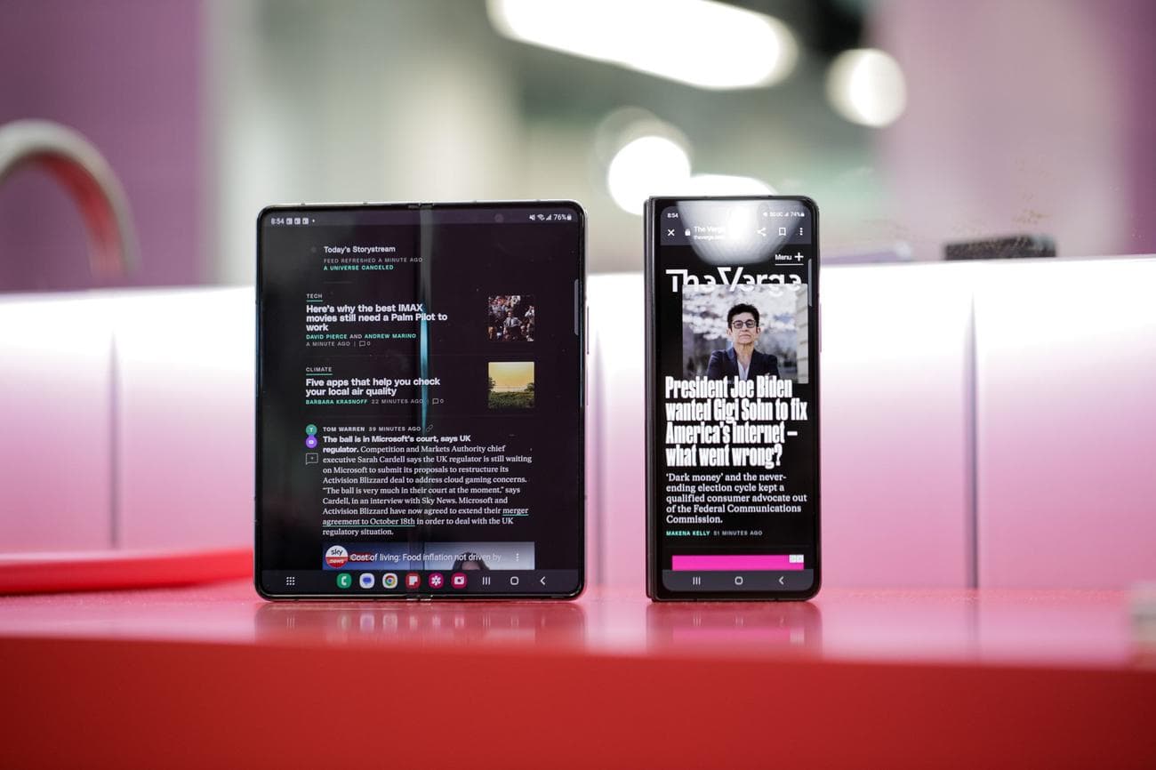 Samsung Z Fold 5 shown standing upright unfolded and folded with outer screen exposed.