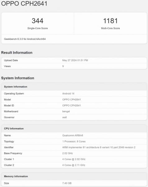 Oppo A3x στο Geekbench