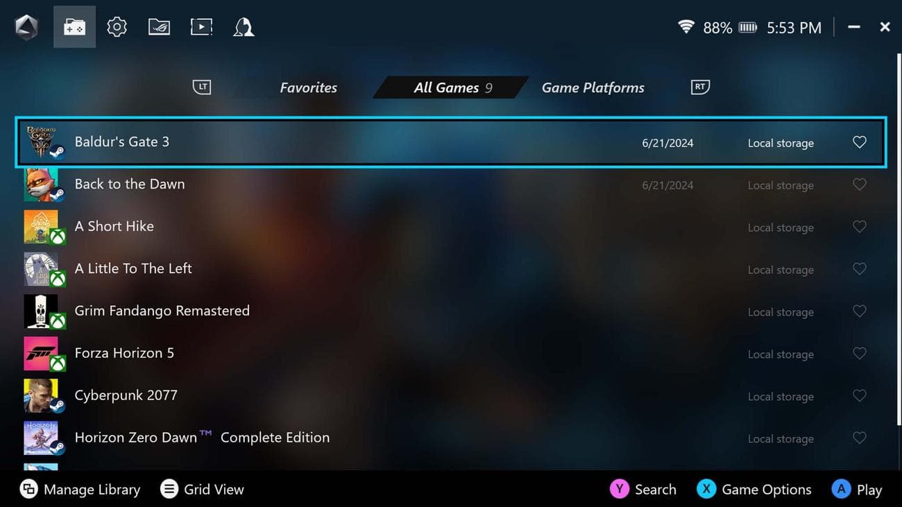ROG Ally X Armoury Crate SE 1.5: Game launcher list view.