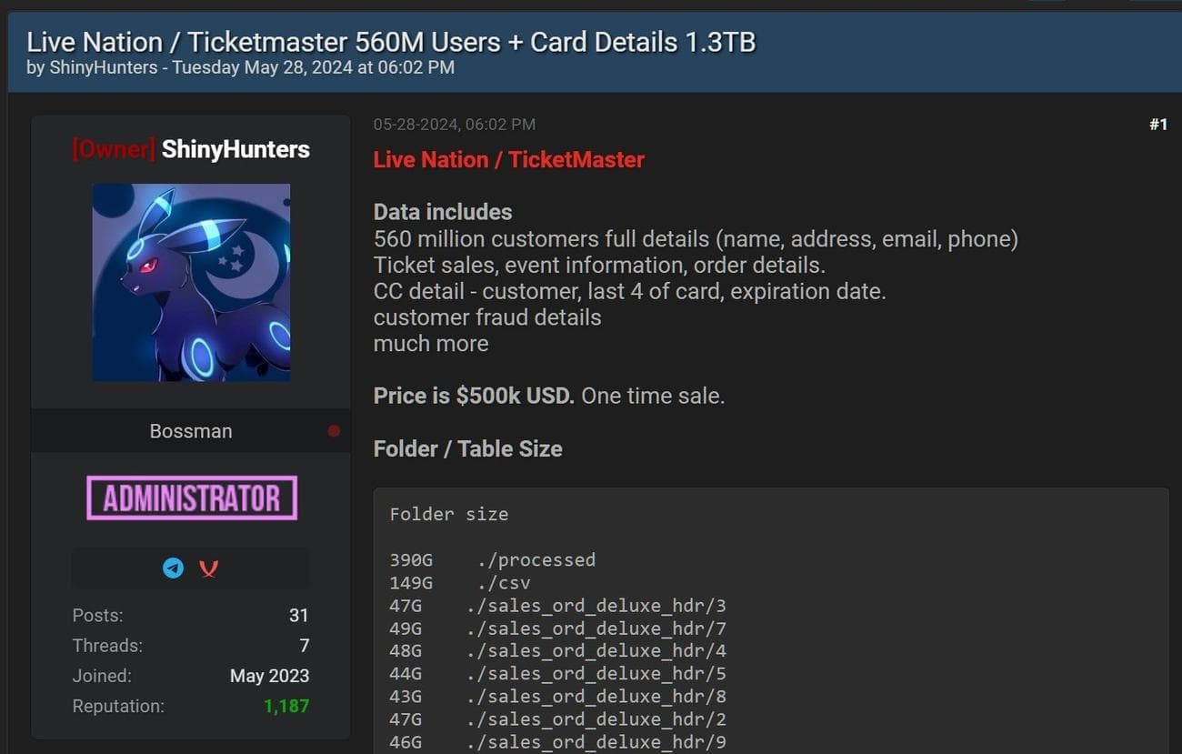 Δεδομένα Ticketmaster που πωλούνται σε φόρουμ hacking