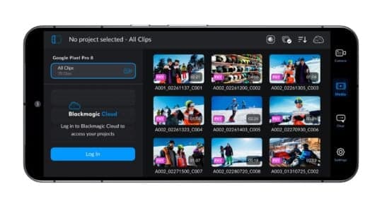 Καρτέλα πολυμέσων εφαρμογής Blackmagic Camera Android