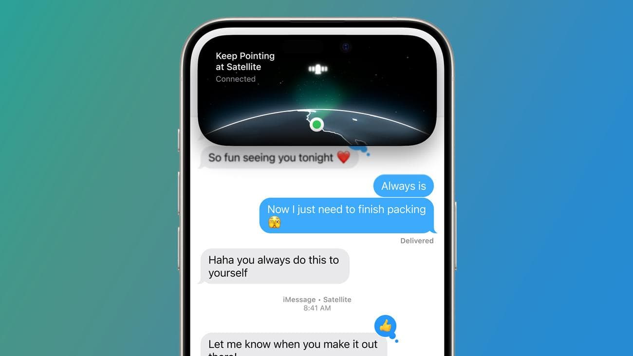Ένα iPhone σε μπλε πράσινο φόντο που δείχνει δορυφορικά μηνύματα στο iOS 18