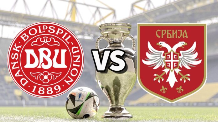 The Denmark and Serbia club badges on top of a photo of the Euro 2024 trophy and match ball