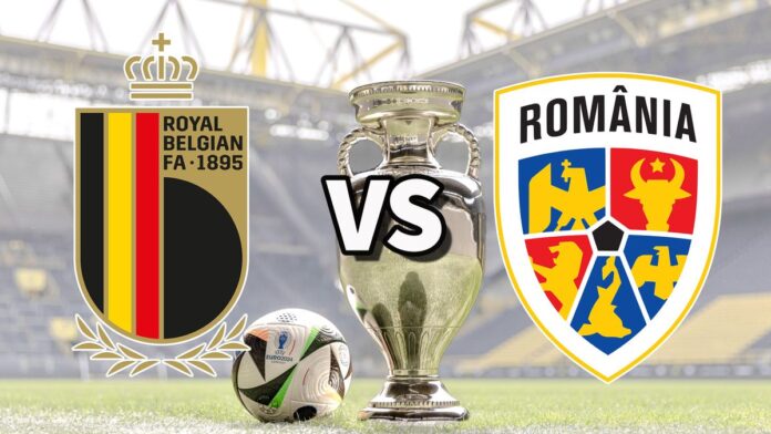 The Belgium and Romania club badges on top of a photo of the Euro 2024 trophy and match ball