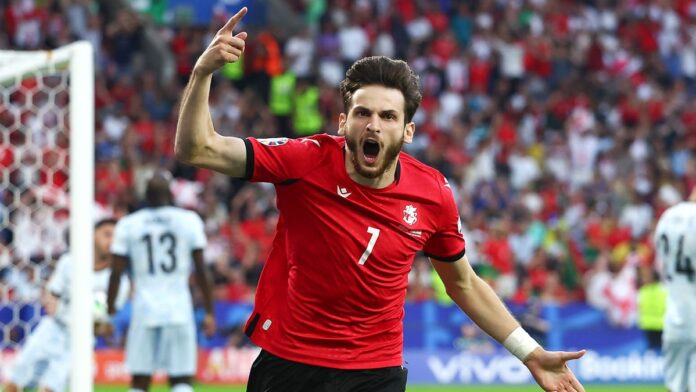 Khvicha Kvaratskhelia celebrates a goal at Euro 2024 ahead of the Spain vs Georgia live stream.