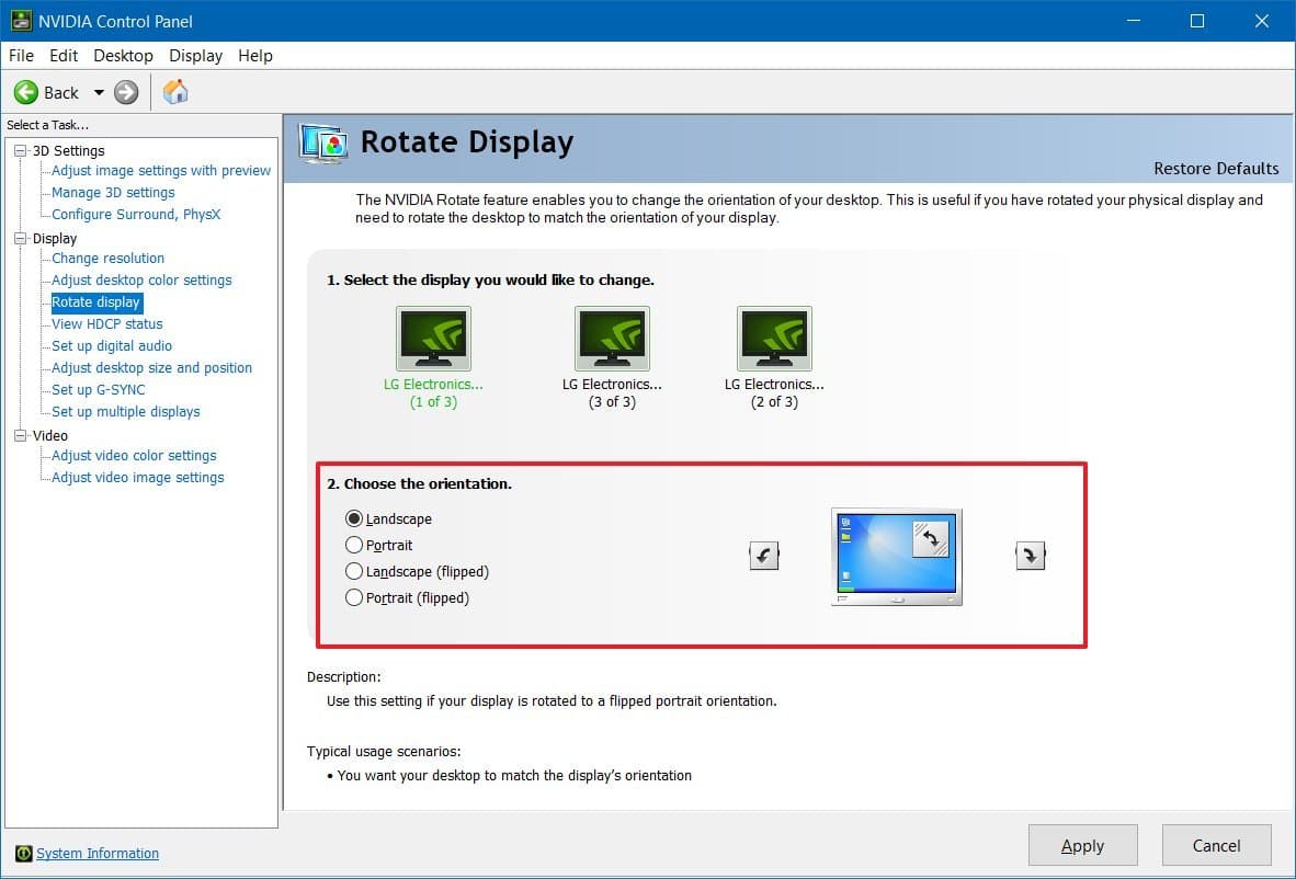 Επιλογή περιστροφής NVidia στα Windows 10