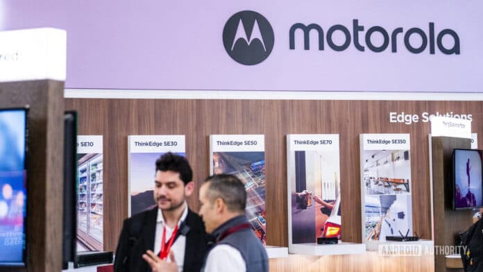 The Motorola logo at MWC 2023.