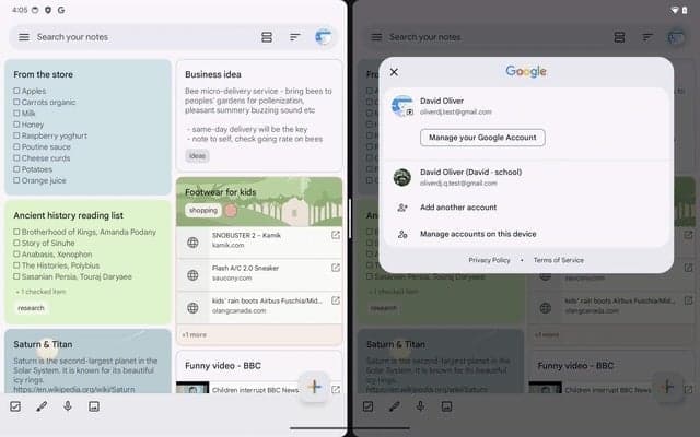 Το Google Keep υποστηρίζει πλέον τη χρήση δύο λογαριασμών δίπλα-δίπλα σε tablet Android και πτυσσόμενα