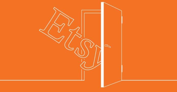 An orange illustration showing the word Etsy going out of an open door
