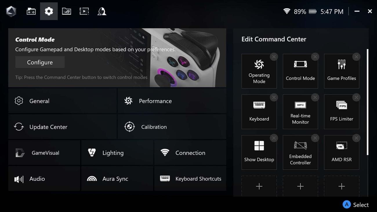ROG Ally X ROG Ally X Armoury Cate SE 1.5 settings.