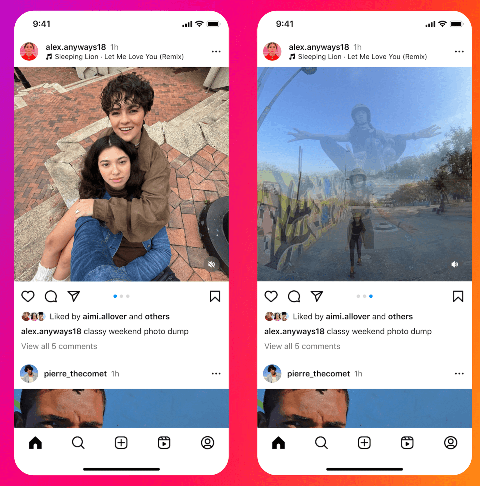 Στιγμιότυπα οθόνης Instagram που δείχνουν ένα μουσικό κομμάτι να είναι διαθέσιμο σε αναρτήσεις τροφοδοσίας καρουζέλ που περιλαμβάνουν βίντεο.