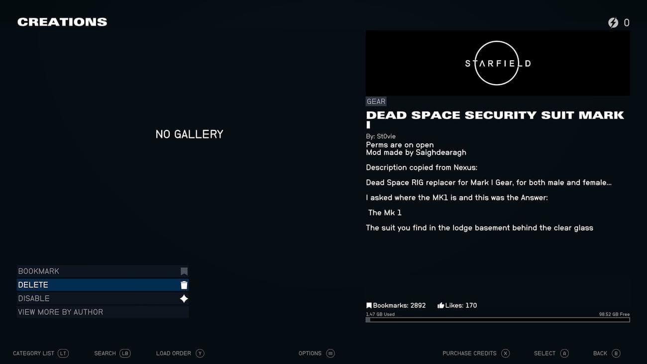 Screenshot of Starfield mods