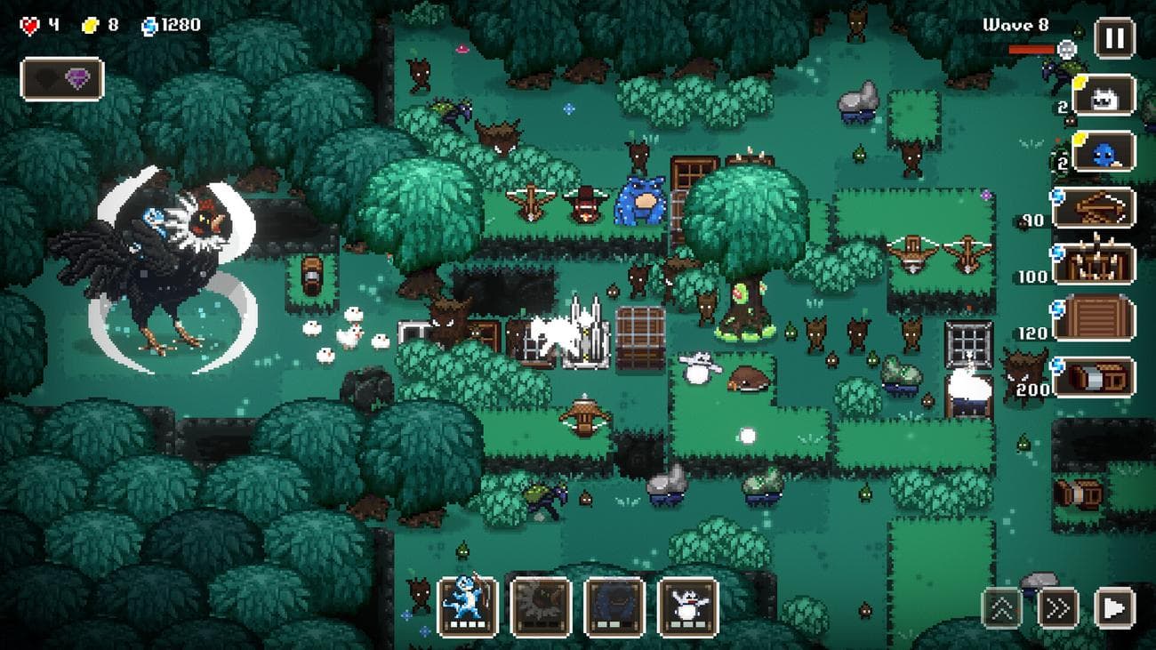 Pixel art tower Defense game Bean Beasts - Ένα γιγάντιο πουλί φωνάζει καθώς μιονάκια του δάσους υφαίνουν μέσα από ένα μονοπάτι με πυργίσκους.