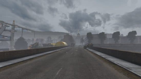 καλύτεροι διακομιστές dayz: ένας άδειος δρόμος που οδηγεί σε κτίρια με δύο χαλασμένα αυτοκίνητα στα πλάγια 