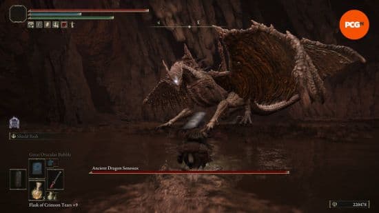 Elden Ring bosses: the Tarnished is riding Torrent into battle against a big dragon.