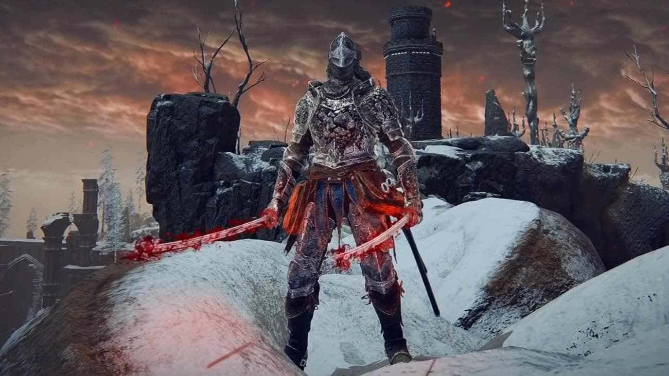 Elden Ring builds: a samurai wielding two Uchigatanas covered in blood
