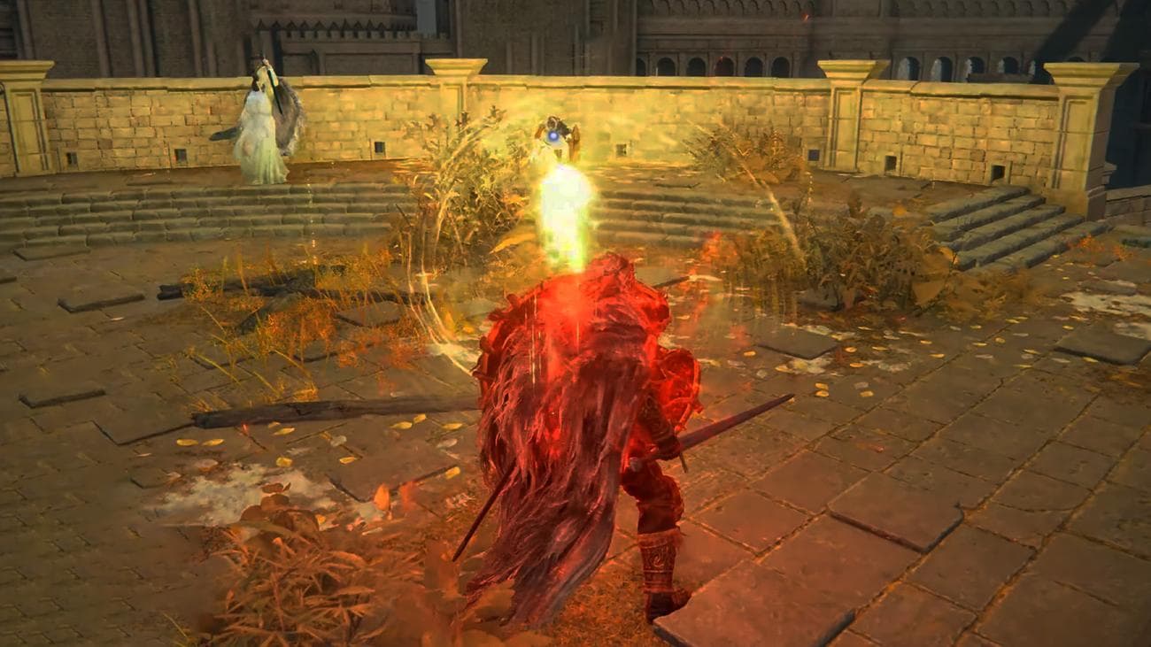 Elden Ring builds: a Prophet firing a magical bolt towards an enemy using the Erdtree Greatshield