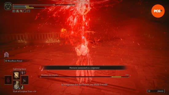 χρησιμοποιώντας το τελετουργικό του bloodmoon στο messmer από το elden ring για να τον κάνει να αιμορραγήσει