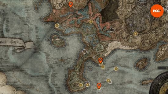 Elden Ring Scadutree Fragments: ο χάρτης της ακτής του Cerulean με όλες τις γνωστές τοποθεσίες καρφιτσωμένες.